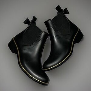 Kate Spade Womens Black Gold Round Toe Ankle Rain Chelsea Boots Bow Size 6